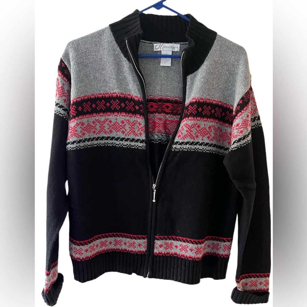 Women's Black and Gray Sweater with Red Accents